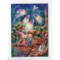 Открытка почтовая. Сказка. Гномы. Эльфы. Клубника. Земляника. Цветы. Ромашки. Колокольчики. Худож. А.Столбова (чистая)