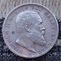 Германия 3 марки 1909 года, F. Вильгельм II Вюртембергский. Серебро! Предложите свою цену или обмен!