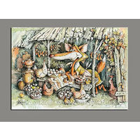 Открытка. Фауна. Животные. Лиса на рынке. Продавец. Курочки. Самовар. Юмор. Худ. О.Колыхалова (чистая)