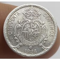 Испания 50 сантимо 1926 ,Альфонсо 13, серебро