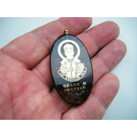 Медальон. Иконка оберег. Натуральный камень ОБСИДИАН. Позолота.