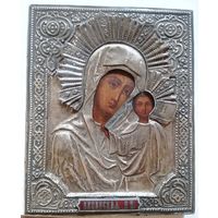 Икона Божией Матери Казанская, оклад Серебро 84 пробы, финифть! Красота!