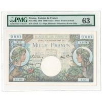 Франция 1000 франков 1940 года. Тип Р-96а. Состояние UNC. В слабе PMG 63
