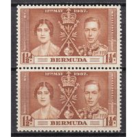 68.BrKS. Великобритания. Колонии.  Бермудские острова. Коронация Георга VI и Елизаветы. 1937 г. 1 1/2P. Mi.#99. Пара. MNH.