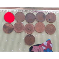 10 монеты БЕЗ ПОВТОРОВ 2 пфеннига Германия ФРГ НЕ ПОЛНАЯ ПОГОДОВКА  лот 40 год: 1971F,1975D,1976F,1983J,1984J,1989G,1990G,1990D,1991A,монис то 1995