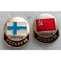 Значки. ХОККЕЙ. МОСКВА,86. Чемпионат Мира. Флаги СССР и Финляндии.