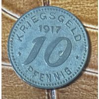 Монета 10 пфеннигов 1917 год. Бармен. Веймарская республика.