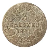 ВЕЛИКОЕ ГЕРЦОГСТВО БАДЕН. 3 КРЕЙЦЕРА 1841. НЕЧАСТАЯ /327.750 экз./