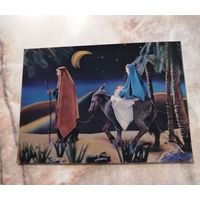 Открытка стерео 3 D. Япония времен СССР. Иосиф и Мария с младенцем