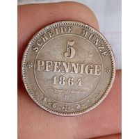 5 пфеннингов 1864 года в отличном состоянии. Саксония.