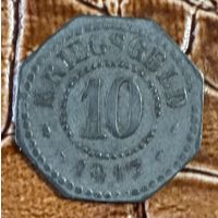 Монета 10 пфеннигов 1917 год. Хэмм. Веймарская республика.