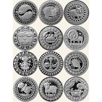 Знаки зодиака. Комплект монет 2009 г (Рыбы, Овен, Телец, Близнецы, Рак, Лев, Дева, Весы, Скорпион, Стрелец, Козерог, Водолей)