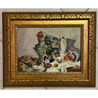 Казак О.И "У самовара", 1971г. Картон, масло. Размер 30х21.5 см.