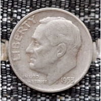 США 10 центов 1953 года, D. Дайм. Франклин Делано Рузвельт. Серебро! Предложи свою цену или обмен!
