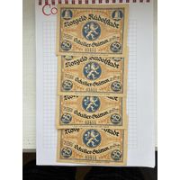 Нотгельды 4х50, 4х75 и 2х100 пфеннигов Германия Рудольфштадт-0501. Уникальная серия с единым номером