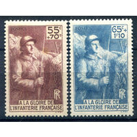 Франция - 1938г. - памятник солдатам - 2 марки - полная серия, MH, номинал 55 с небольшим пятном на лицевой и обратной стороне [Mi 423-424]. #2-Fr-51-A-1