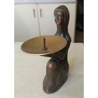 Подсвечник на одну свечу "Девушка с чашей", силумин, меднение, СССР, 1970-1990 гг.