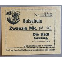 Германия 20 марок (на предъявителя) 1918 г Гайзинг (Geising) 169.04, aUNC, не частая