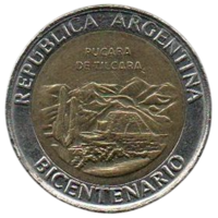 РЕСПУБЛИКА АРГЕНТИНА 1 ПЕСО 2010. 200 лет Аргентине - развалины крепости Пукара около г. Тилькара. БИМЕТАЛЛ