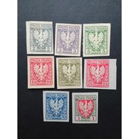 Польша 1919 Неполная серия марок без перфорации "GALIZIEN" выпуска "Гербовый щит" (чистые* есть наклейки) Mi.54-56,58,60-61,63-64 каталог 4.60 евро