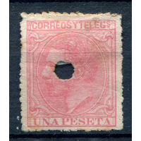 Испания (Королевство) - 1879г. - король Альфонсо XII, 1 Pta - 1 марка - гашёная пробоем [Mi 182]. #1-Sp-21-A-1