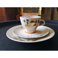 Кофейная пара, трио, Минский фарфоро-фаянсовый завод, клеймо 1968-83 гг., чашка, блюдце, тарелка, ручная разрисовка, золочение