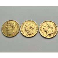 3 золотые монеты. Франция. Наполеон 1 (три разных типа монет 40 Франков). без МПЦ