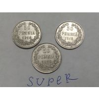 С РУБЛЯ! Супер лот! Серебро. 3 монеты одним лотом! Русско- Финские 50 пенни- 1914, 1915, 1916. Николай II.
