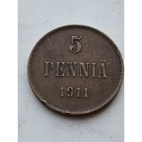 5 пенни 1911 года для Финляндии (Николай II). Монета не чищена. 45187