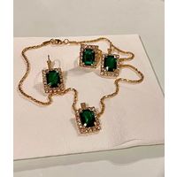 Комплект украшений (подвеска, серьги, кольцо), квадрат зеленый