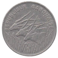 Габонская Республика. Габон. 100 франков 1975. Фауна. Антилопы. Нечастая.