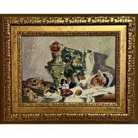 Казак О.И "У самовара", 1971г. Картон, масло. Размер 30х21.5 см.