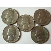 25 центов США квотер, 1965,1967, 5 монет одним лотом