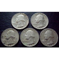 25 центов США квотер, 1965(2шт),1967(2шт), 1973, 5 монет одним лотом