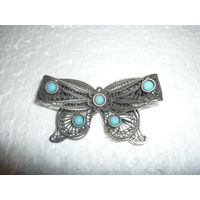 Антикварная Серебряная Брошь Бант С Бирюзой Филигрань