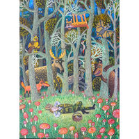 Открытка. Лето. Осень. Лес. Грибы. Флора. Мухоморы. Грибник. Лось. Лиса. Художник И. Римашевский (чистая)