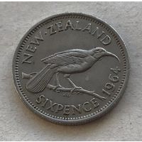 Новая Зеландия 6 пенсов 1964 птица Гуйя Елизавета II