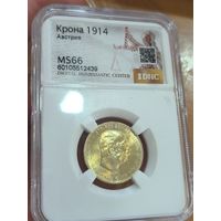 С 1р без мц! 1 крона 1914 Австро-Венгрия ms 66 золотистая! Яркий блеск!