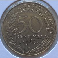 Франция 50 сантимов 1963 г. Редкий номинал. В холдере