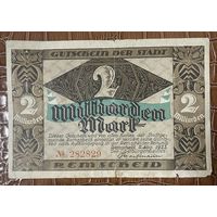 Банкнота 2 миллиарда марок 1923 год. Ремшайд. Веймарская республика.