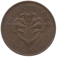 Бейливик Гернси (Коронное Владение). 8 дублей ( даблов ) 1956. Трехцветковая лилия Гернси.