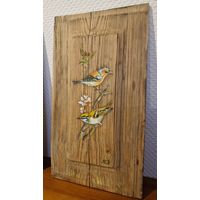 Картина "Птички на ветке" старинная  доска.