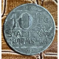 Монета 10 пфеннигов 1918 год. Вормс. Веймарская республика. Звезда на гербе.