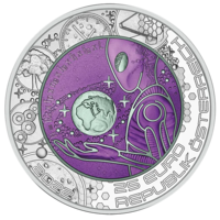 Австрия 25 евро 2022г. "Внеземная жизнь. НЛО". Монета в капсуле; подарочном футляре; номерной сертификат; коробка. СЕРЕБРО 9,0гр.; НИОБИЙ 6,5гр.