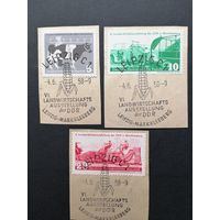 ГДР 1958 Полная серия марок на вырезках "Cельскохозяйственная выставка в Мекленбурге" (спецгашение) Mi.628-630 каталог 3.50 евро