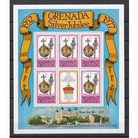 12.BrKS. Великобритания. Колонии. Гренада. Серебряный юбилей Елизаветы II. Надпечатка. Королевский визит 1977 г. 1C. Mi.#852C. Малый лист. MNH. (Формат - 17 см. Х 14,5 см.).