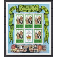 15.BrKS. Великобритания. Колонии. Гренада. Серебряный юбилей Елизаветы II. Надпечатка. Королевский визит 1977 г. 2,5 $. Mi.#855C. Малый лист. MNH. (Формат - 17 см. Х 14,5 см.).