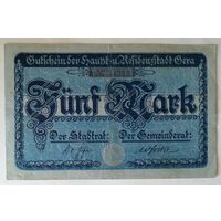 Германия 5 марок 1919 г Гера (Gera) Тисненая печать, 172.01а, XF-