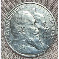 Монета 2 марки 1906 год. Баден. Германская империя. 50 лет свадьбе Фридриха I и Луизы Прусской.