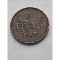 5 пенни 1917 года для Финляндии (Николай II). Монета не чищена. 45331